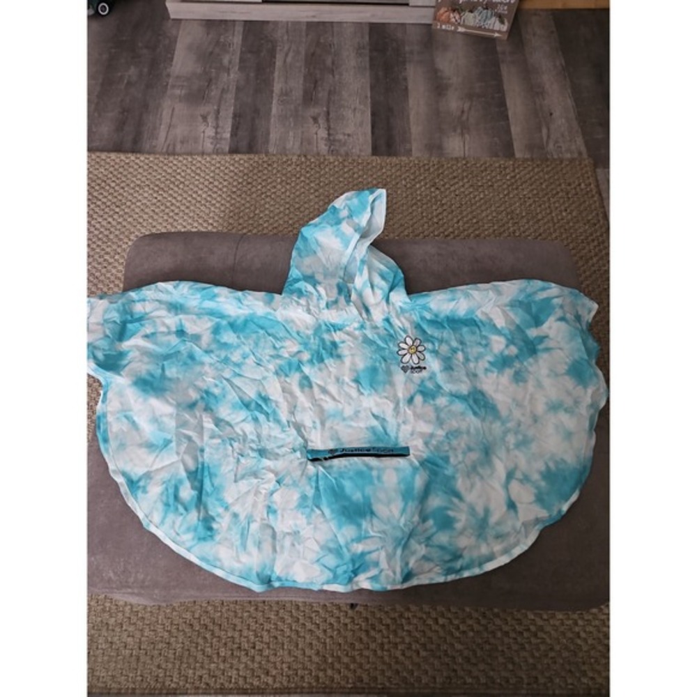 Justice Sport Girls Blue Tie Dye Packable Rain Poncho Hooded One Size Fits All
